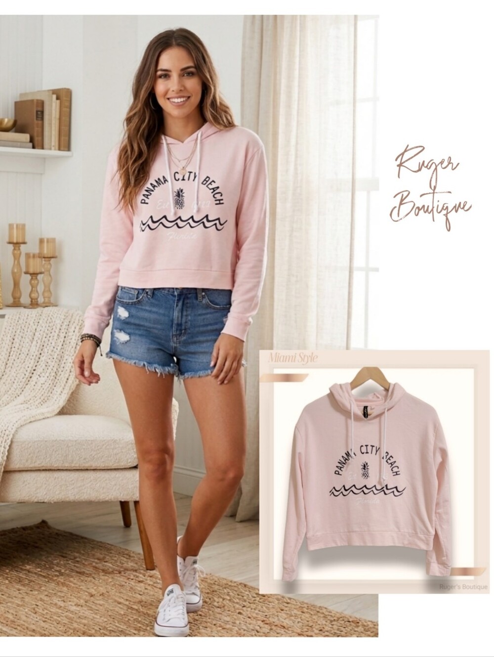 🌿Miami Style Women's Small Shell Pink Panama City Beach Florida Crop Top Hoodie